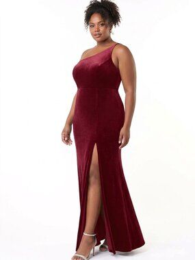 Azazie Kala Bridesmaid Dress A18 Plus Size Burgundy Wine One-Shoulder Velvet